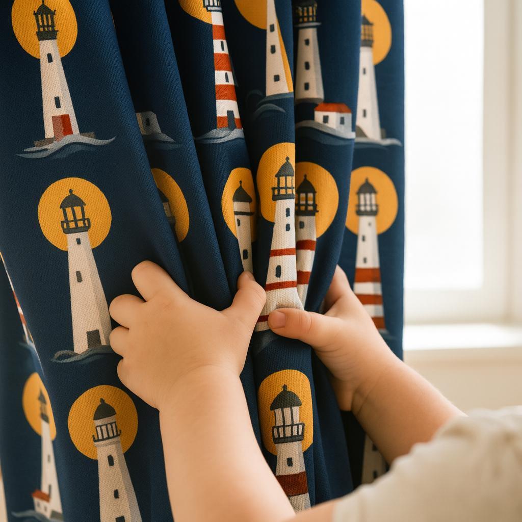 Kids' Lighthouse Curtains: Navy Blue Organic Cotton - Blackout or Light-Filtering — image 1