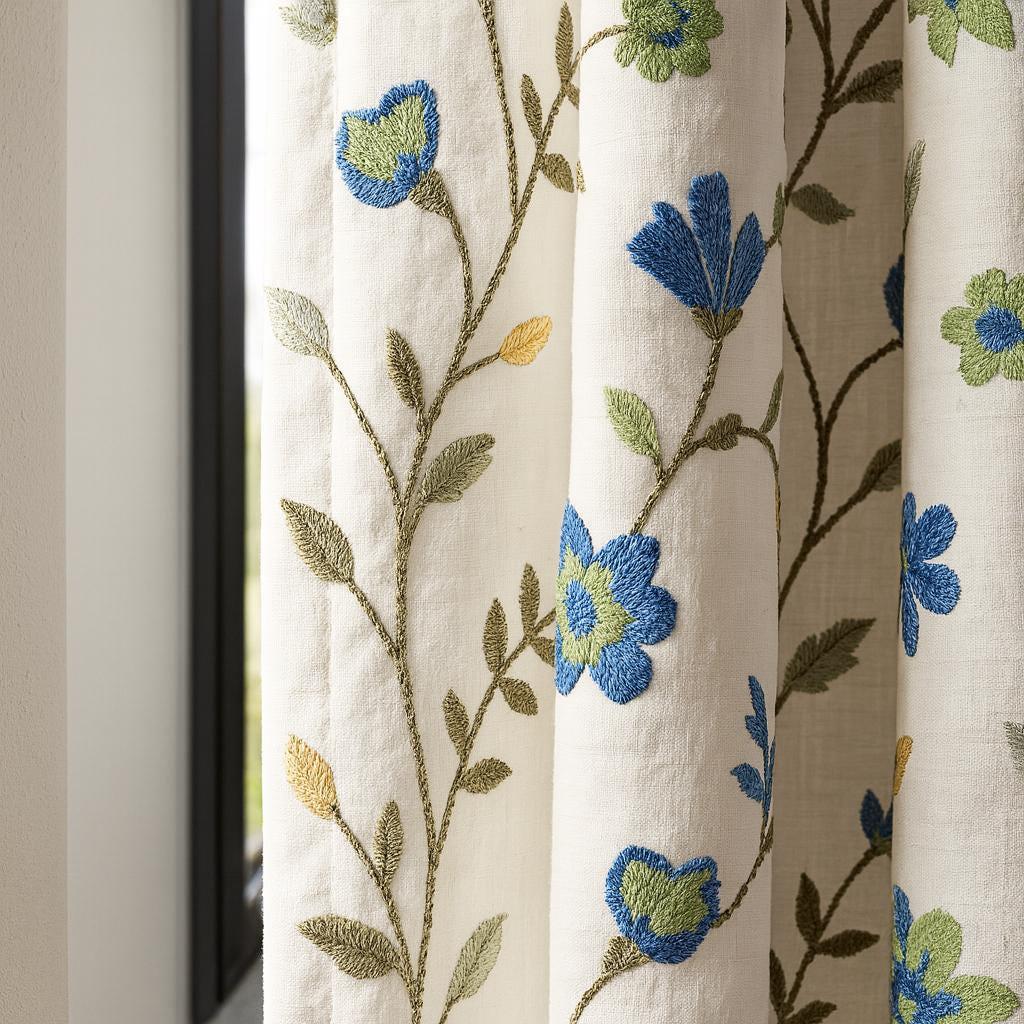 Embroidered Linen Curtain Panel: Blue Green Floral Vines, Blackout — image 1