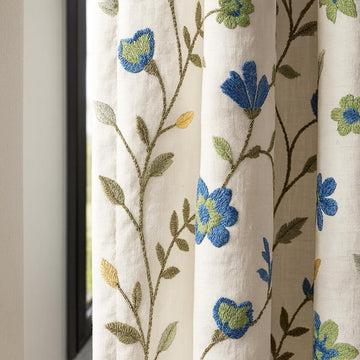 Embroidered Linen Curtain Panel: Blue Green Floral Vines, Blackout — image 1