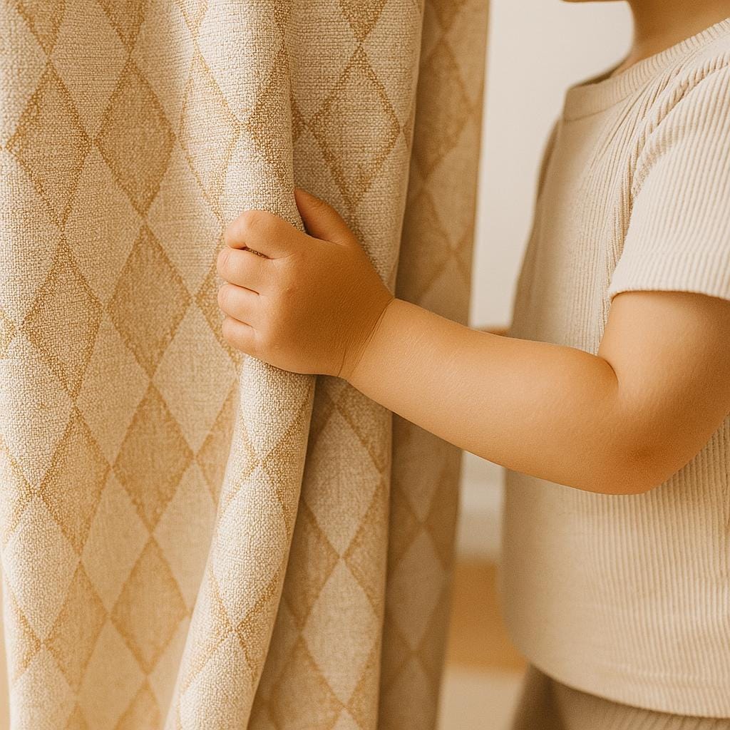 Kids Nursery Curtains: Beige Diamond Print Linen - Blackout or Cotton Liner — image 1