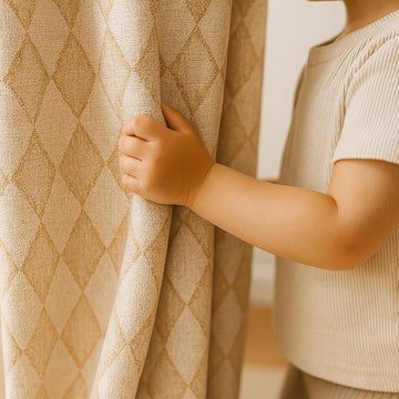 Kids Nursery Curtains: Beige Diamond Print Linen - Blackout or Cotton Liner — image 1
