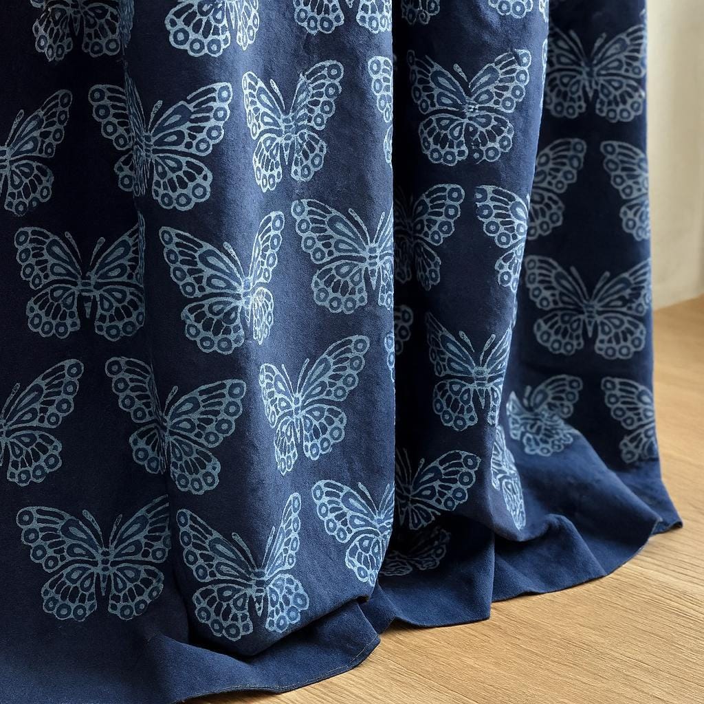 Butterfly Curtains Organic Cotton: Navy Blue Hand Block Print — image 2