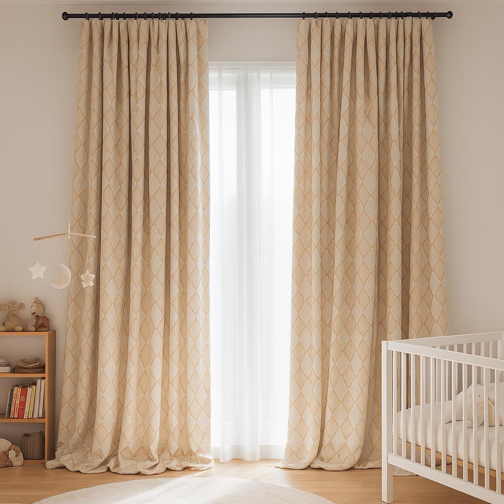 Kids Nursery Curtains: Beige Diamond Print Linen - Blackout or Cotton Liner — image 3