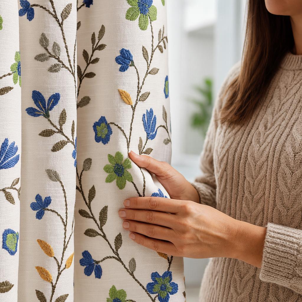 Embroidered Linen Curtain Panel: Blue Green Floral Vines, Blackout — image 4