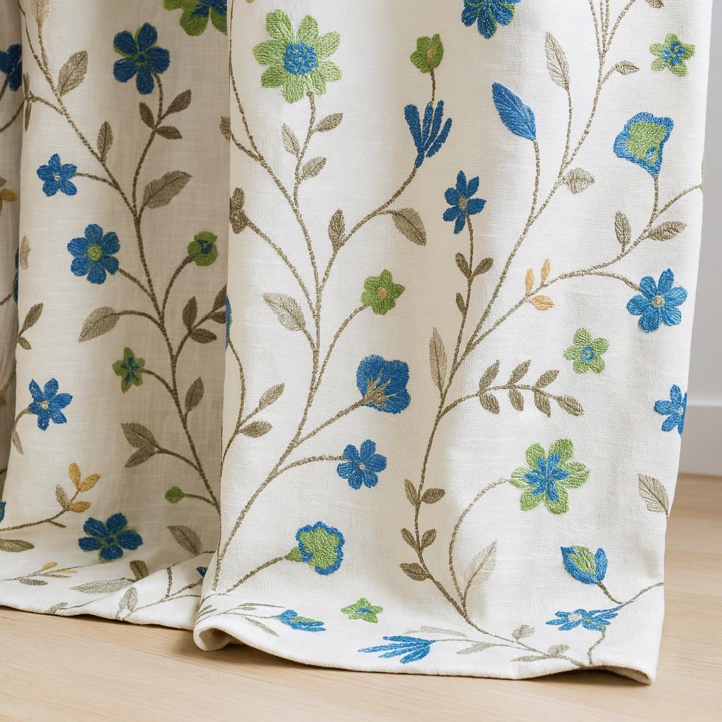 Embroidered Linen Curtain Panel: Blue Green Floral Vines, Blackout — image 7