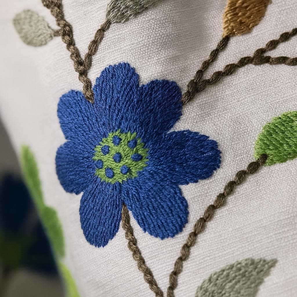 Embroidered Linen Curtain Panel: Blue Green Floral Vines, Blackout — image 8