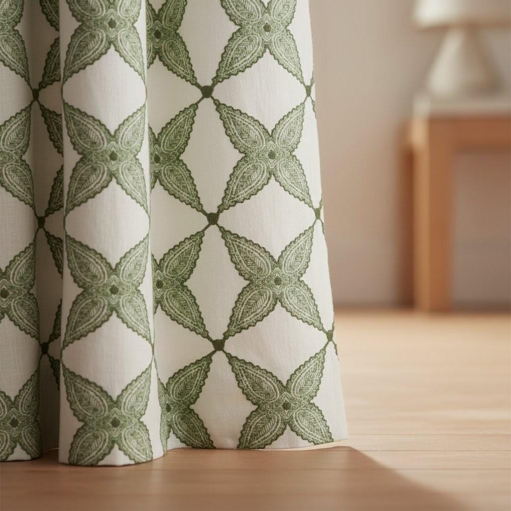 Embroidered Linen Curtain: Sage Green Clover Lattice on Ivory — image 1