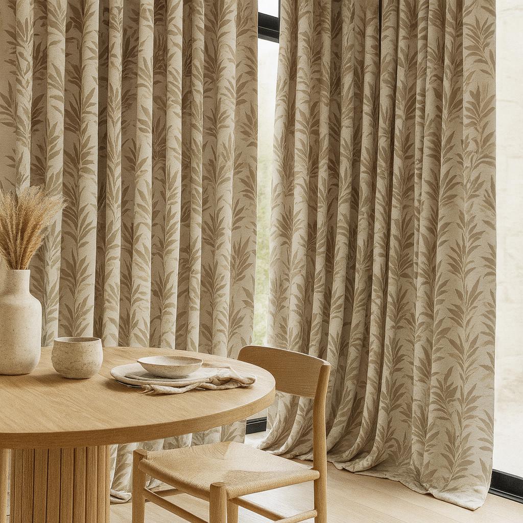 Linen Jacquard Curtains: Oatmeal Beige with Taupe and Sage Leaves — image 4