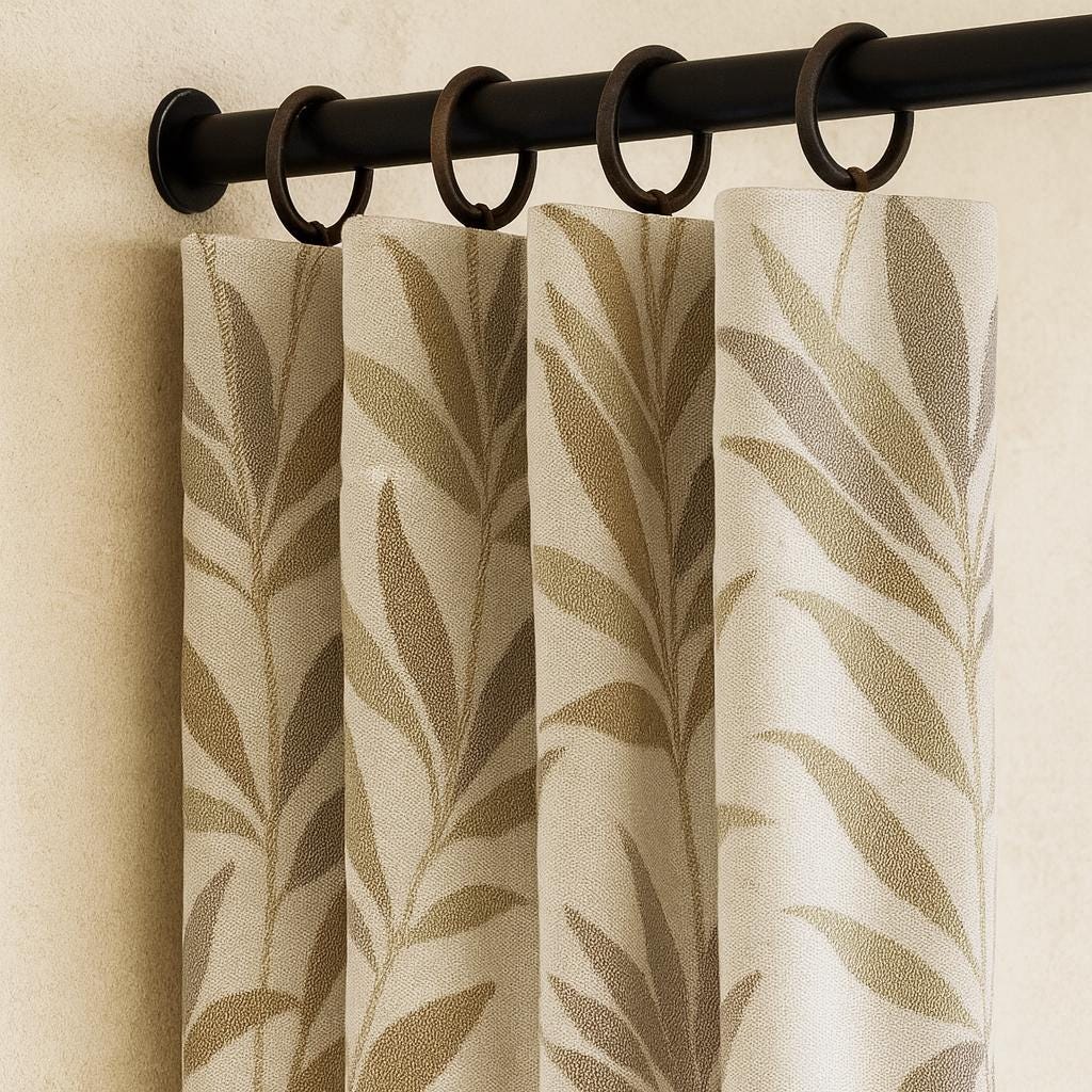 Linen Jacquard Curtains: Oatmeal Beige with Taupe and Sage Leaves — image 5