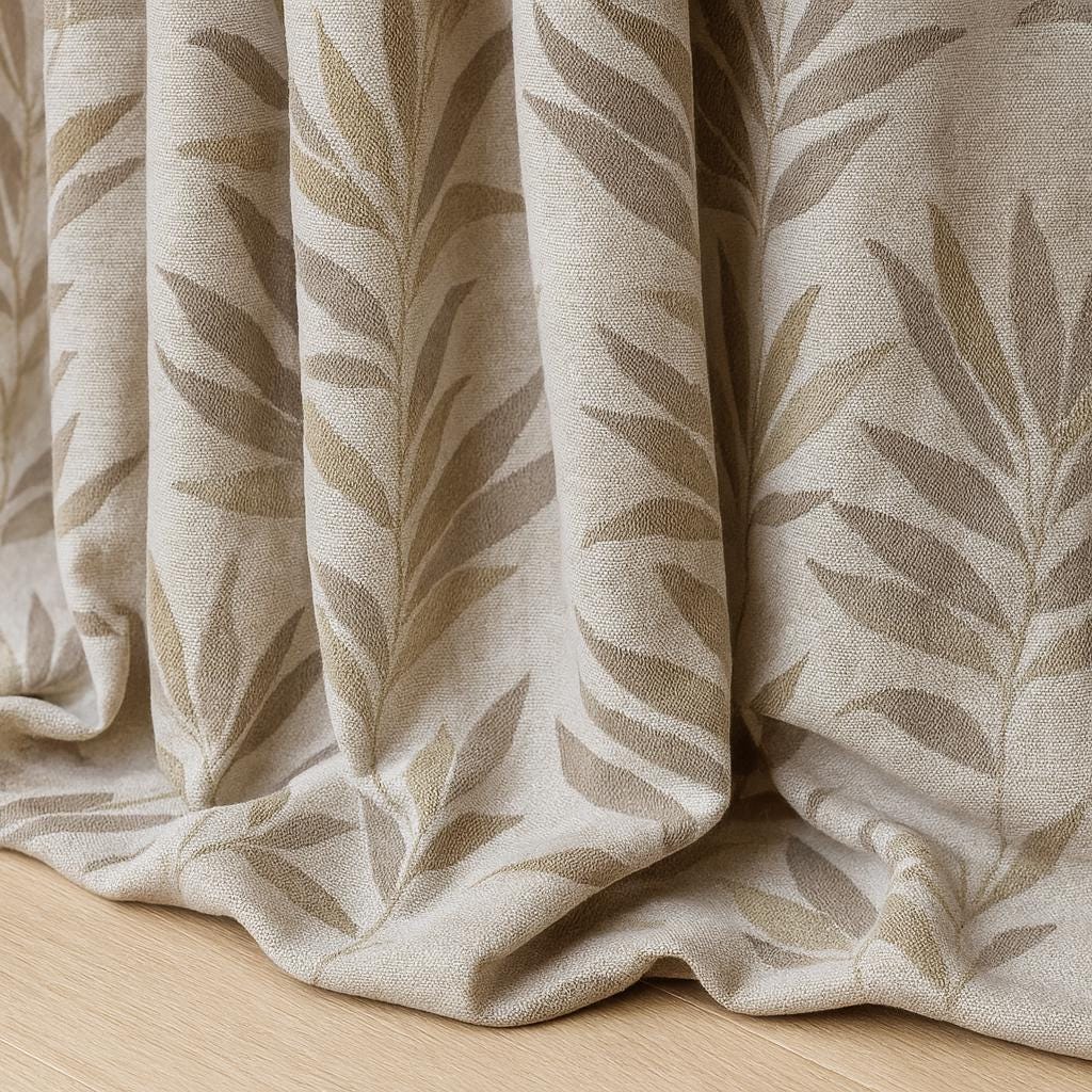 Linen Jacquard Curtains: Oatmeal Beige with Taupe and Sage Leaves — image 1