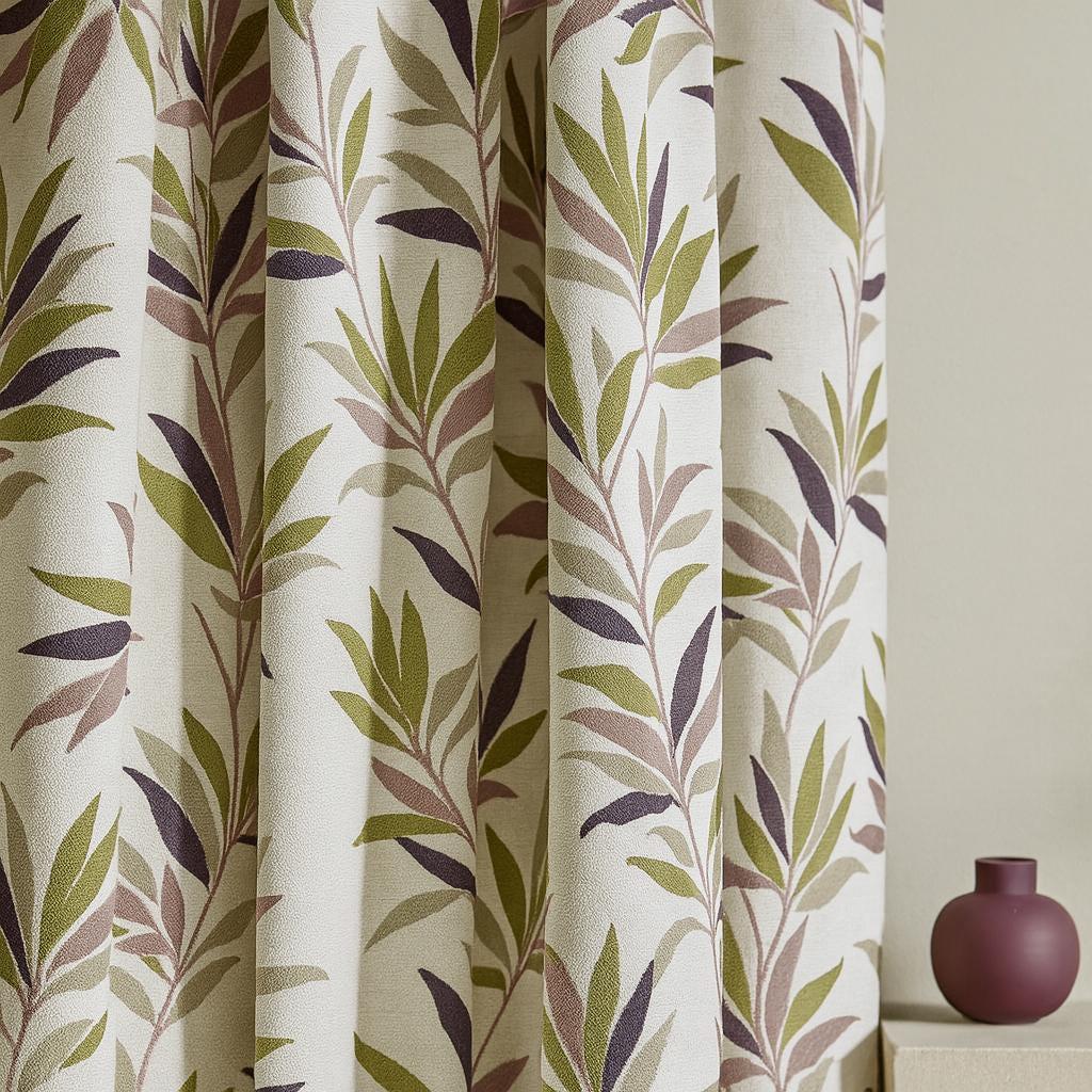 Botanical Linen Curtains: Olive Plum Leaves - Blackout or Cotton Lined — image 1