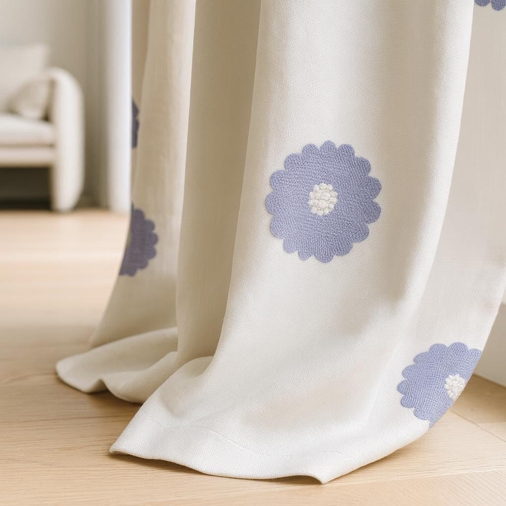 Lavender Embroidered Linen Curtains: Organic White, Blackout Option — image 1