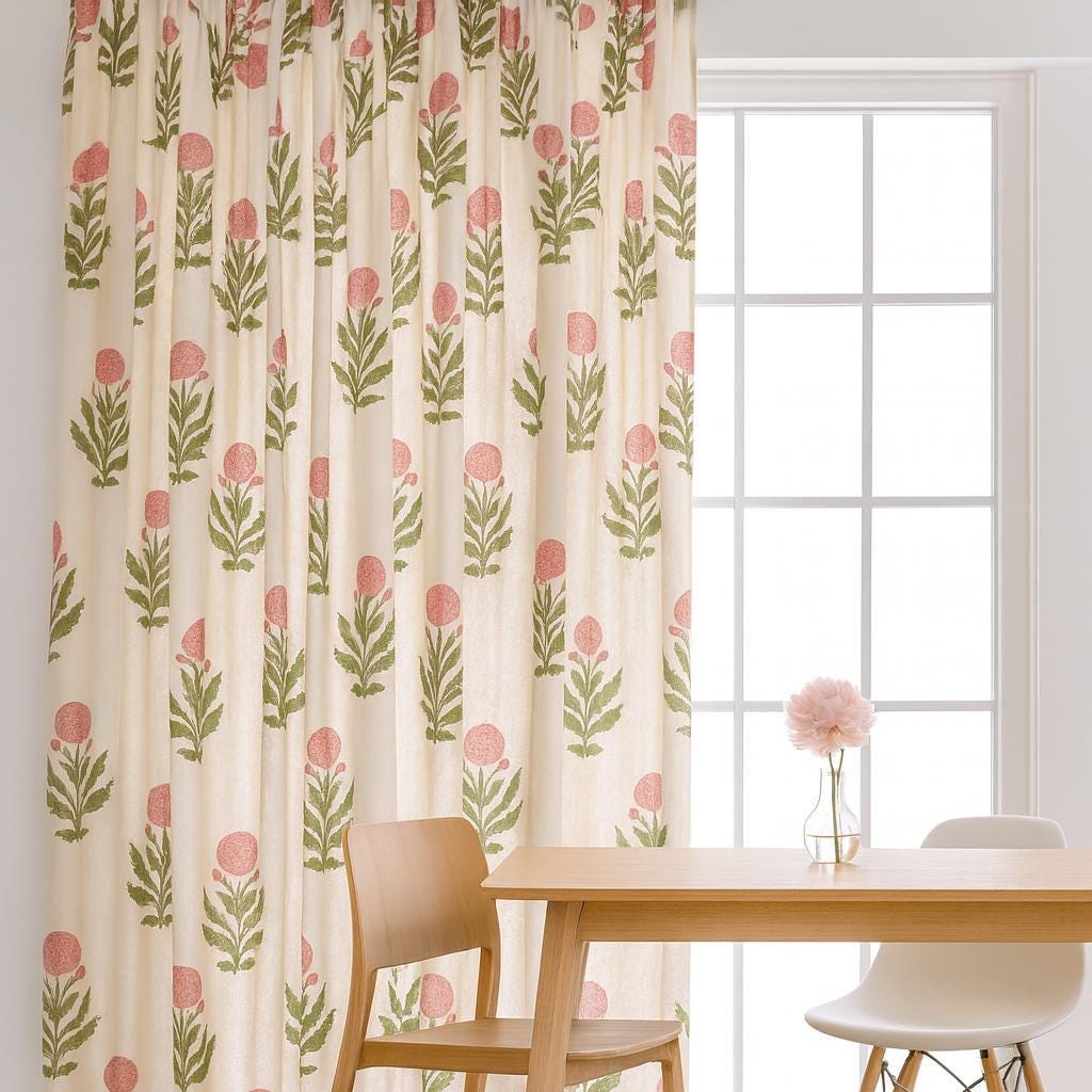 Boho Pink Floral Curtains, Organic Cotton, Green Leaves (Custom Sizes) — image 1