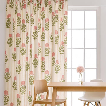 Boho Pink Floral Curtains, Organic Cotton, Green Leaves (Custom Sizes) — image 1