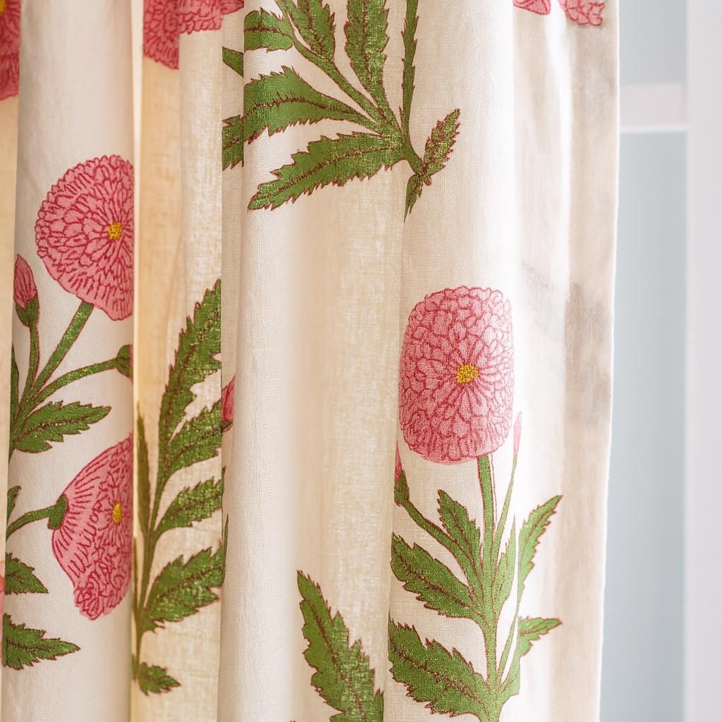 Boho Pink Floral Curtains, Organic Cotton, Green Leaves (Custom Sizes) — image 1