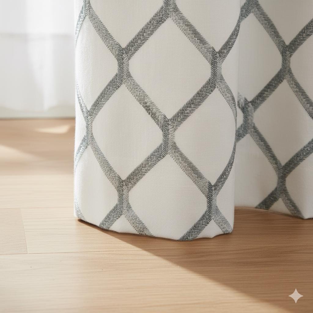 Organic Linen Curtains: Embroidered Diamond Lattice - Blackout or Cotton Lined — image 3