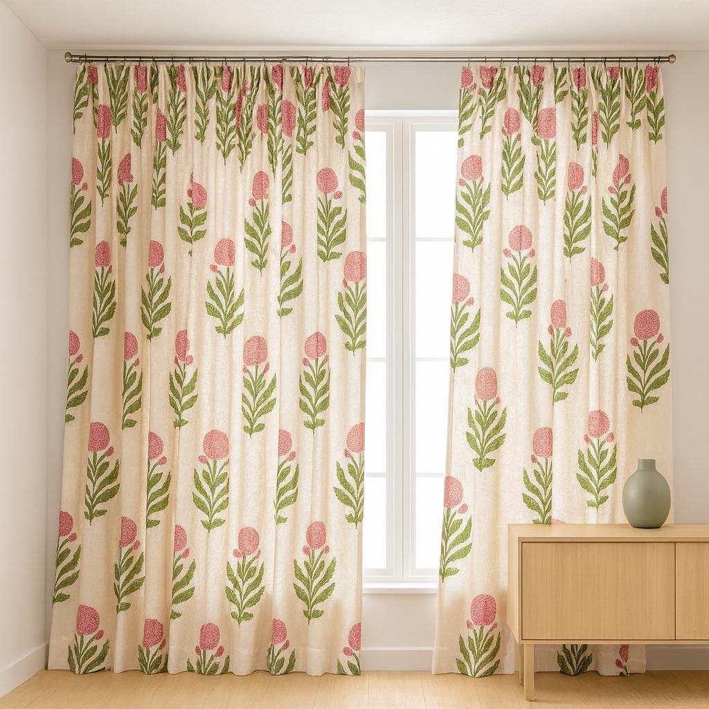 Boho Pink Floral Curtains, Organic Cotton, Green Leaves (Custom Sizes) — image 3