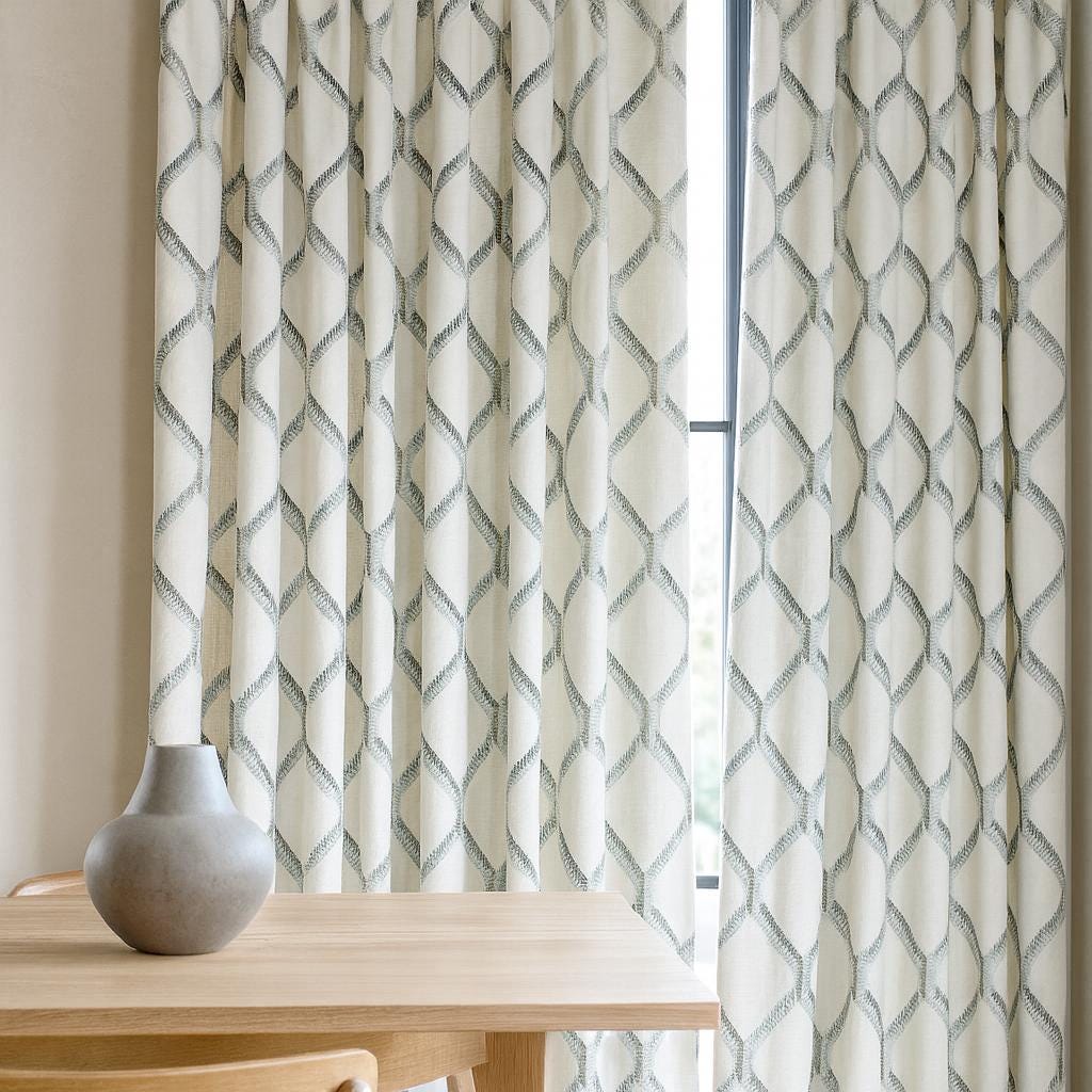 Organic Linen Curtains: Embroidered Diamond Lattice - Blackout or Cotton Lined — image 4