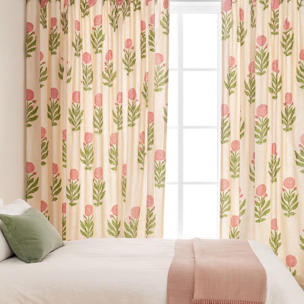Boho Pink Floral Curtains, Organic Cotton, Green Leaves (Custom Sizes) — image 5