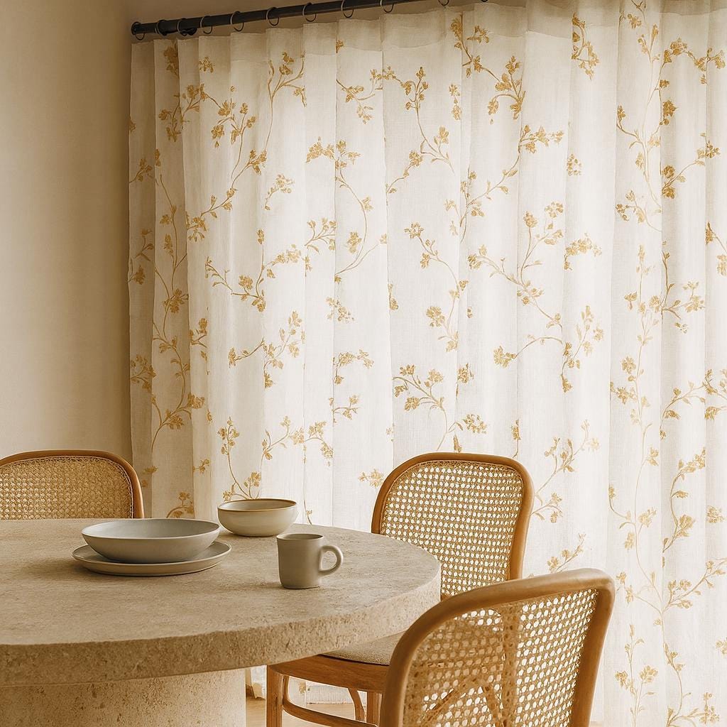 Linen Sheer Curtains, White with Beige Floral Embroidery (Single or Pair) — image 1