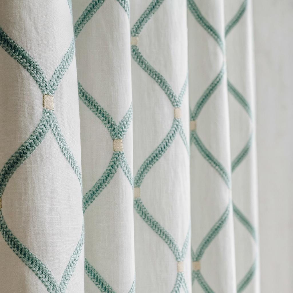 White Linen Curtains: Spa-Aqua Ogee Embroidery - Blackout or Light-Filtering Liner — image 3