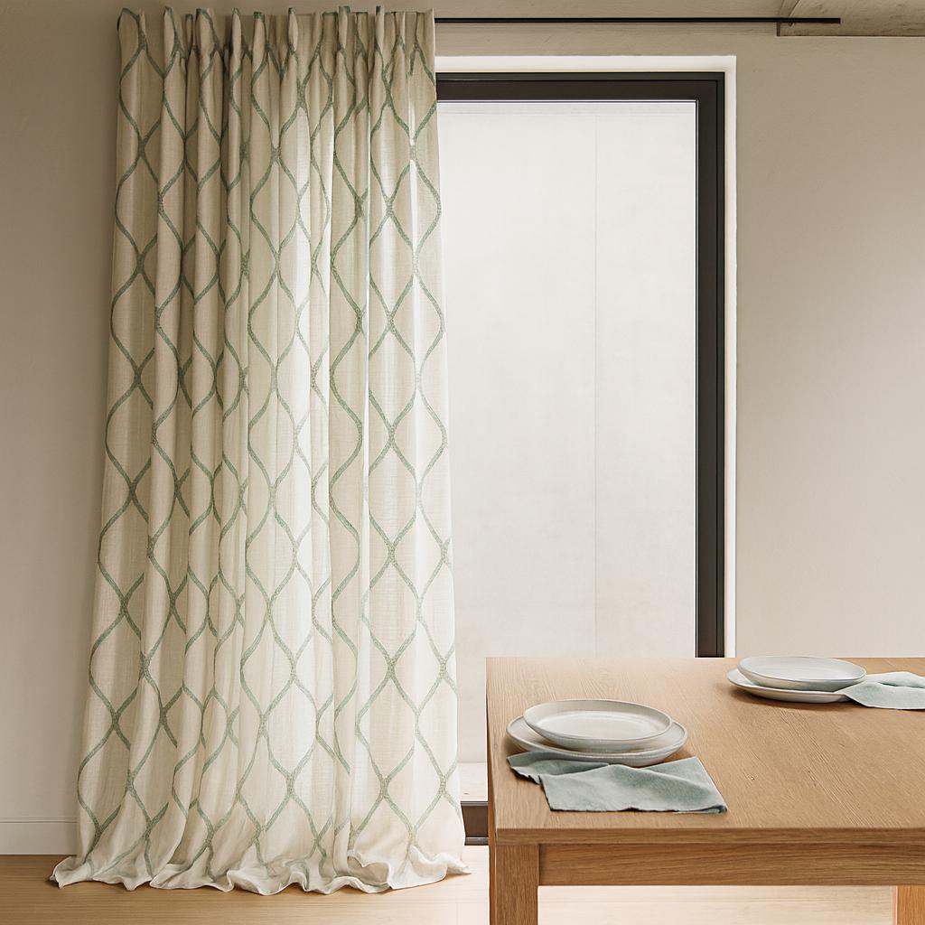 White Linen Curtains: Spa-Aqua Ogee Embroidery - Blackout or Light-Filtering Liner — image 4