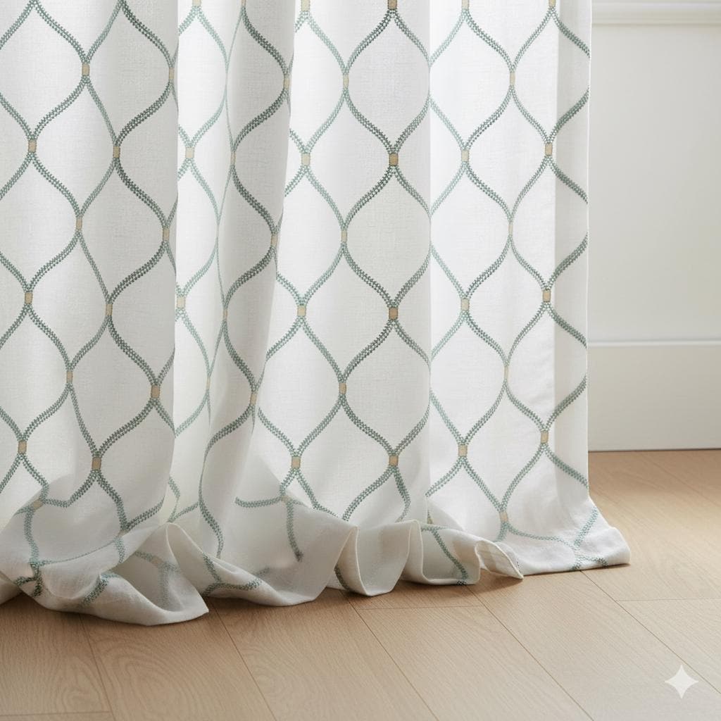 White Linen Curtains: Spa-Aqua Ogee Embroidery - Blackout or Light-Filtering Liner — image 5