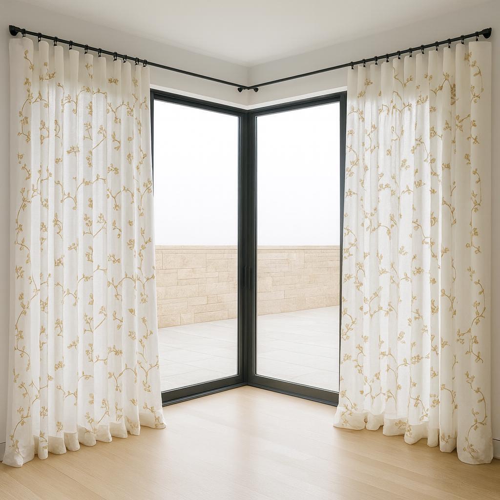 Linen Sheer Curtains, White with Beige Floral Embroidery (Single or Pair) — image 5