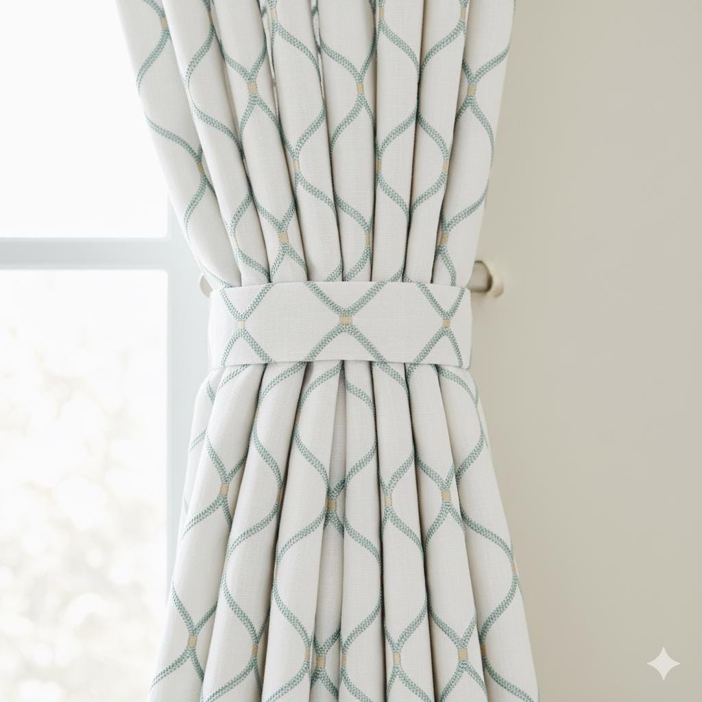 White Linen Curtains: Spa-Aqua Ogee Embroidery - Blackout or Light-Filtering Liner — image 6
