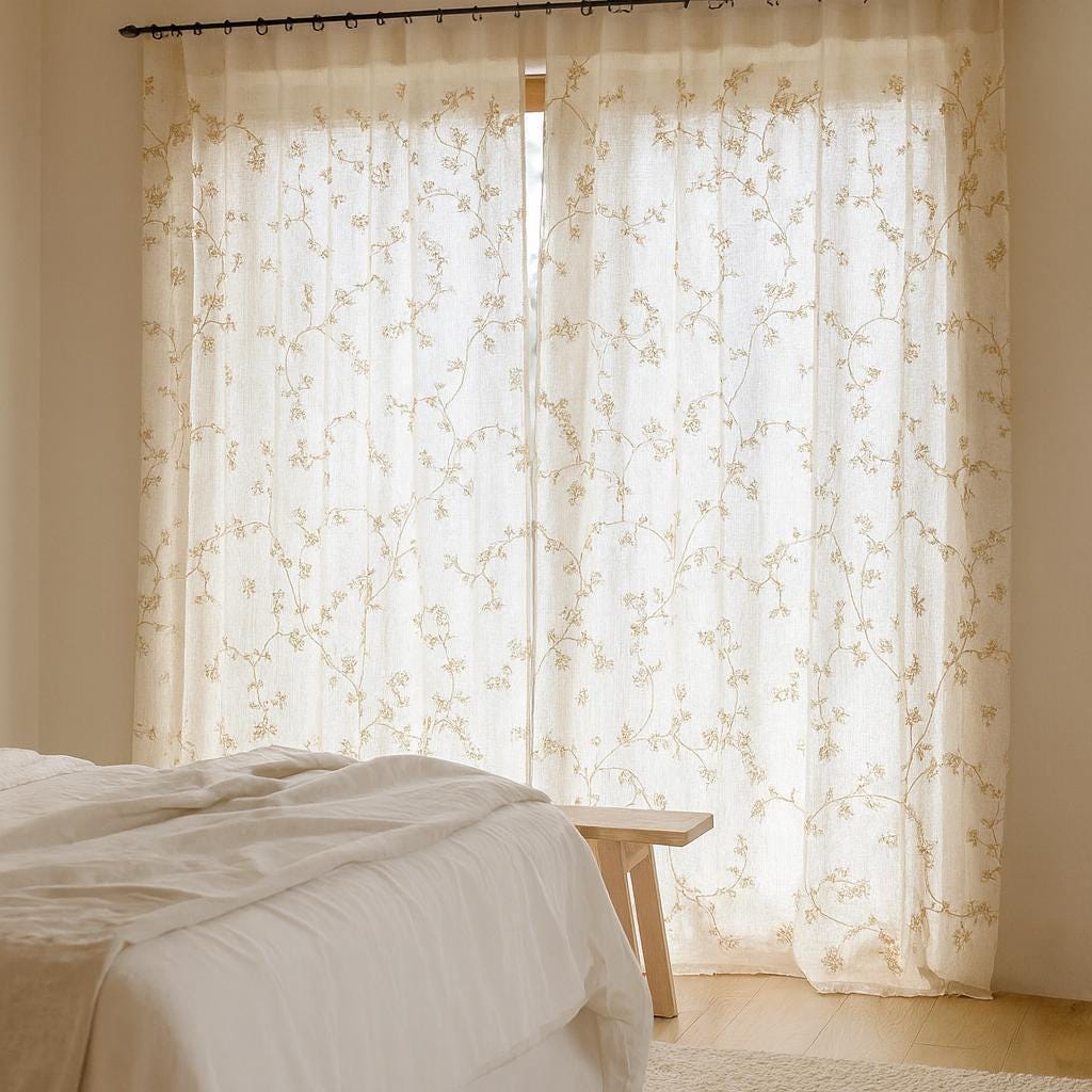Linen Sheer Curtains, White with Beige Floral Embroidery (Single or Pair) — image 6
