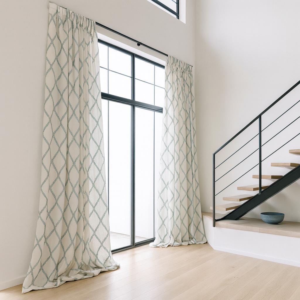 White Linen Curtains: Spa-Aqua Ogee Embroidery - Blackout or Light-Filtering Liner — image 7