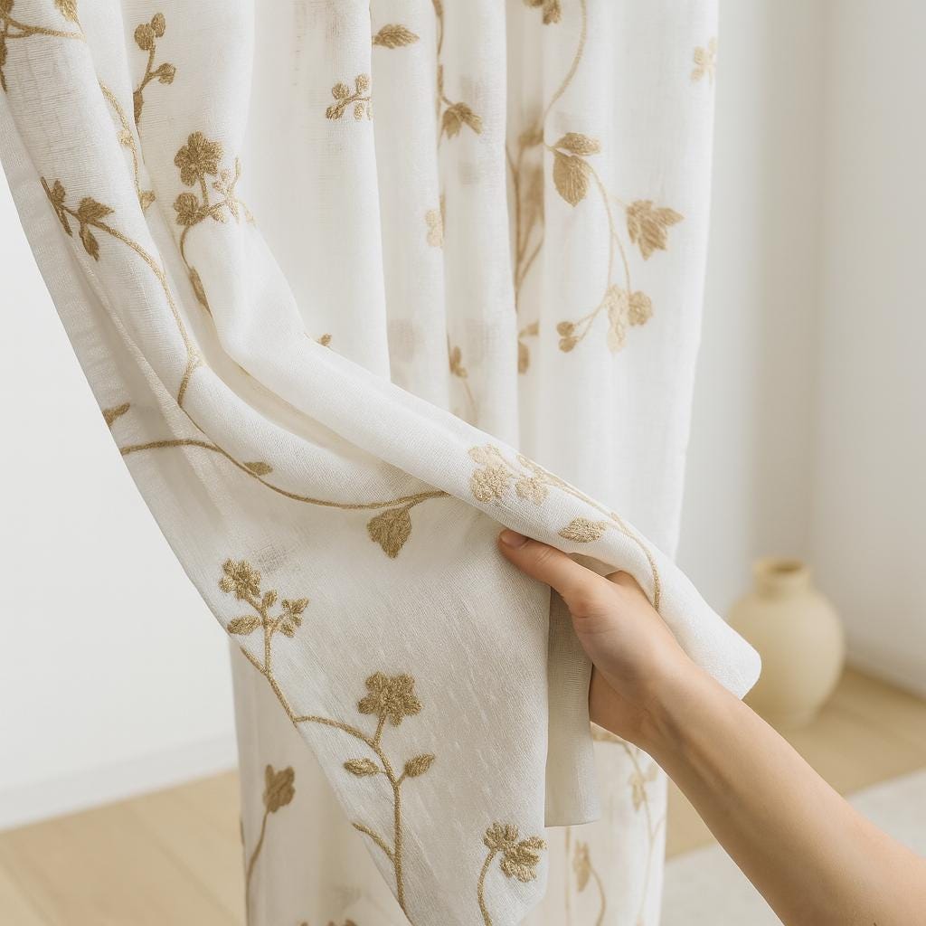 Linen Sheer Curtains, White with Beige Floral Embroidery (Single or Pair) — image 7