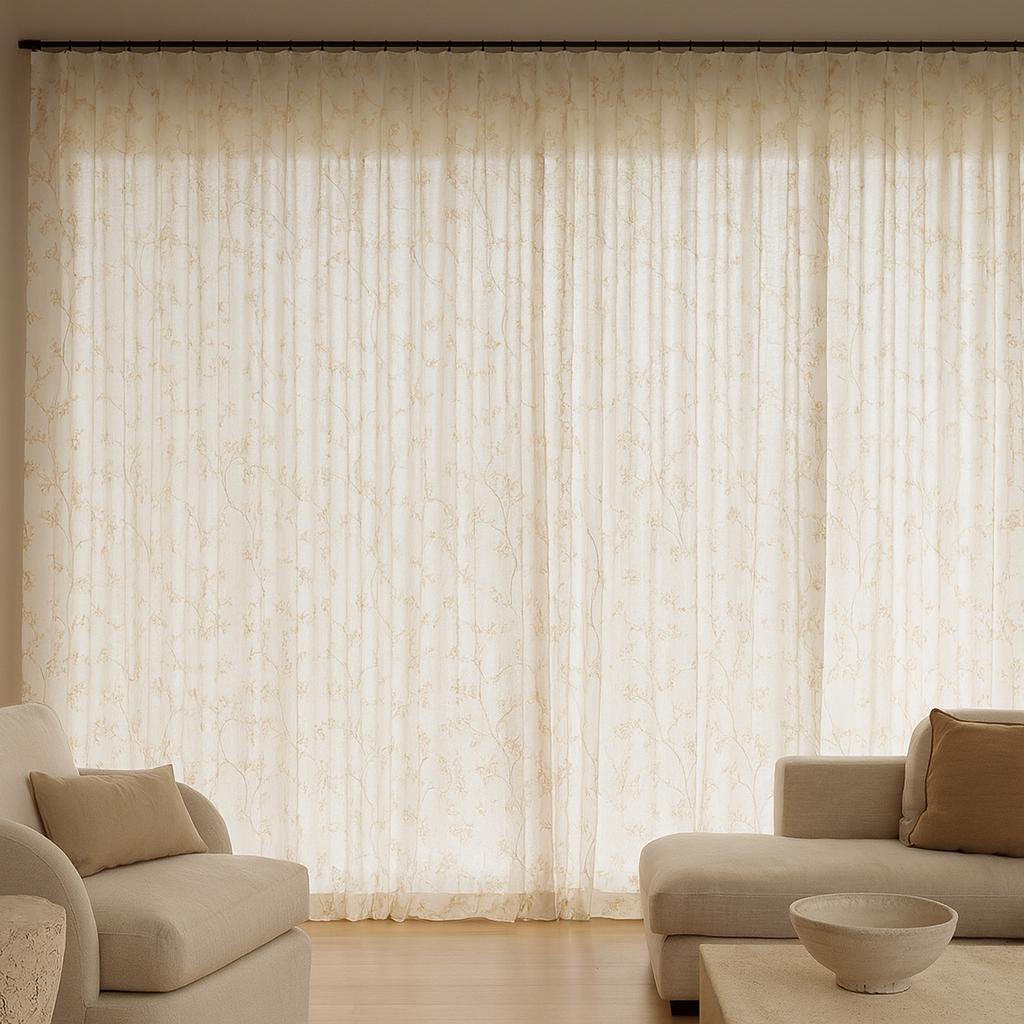 Linen Sheer Curtains, White with Beige Floral Embroidery (Single or Pair) — image 9