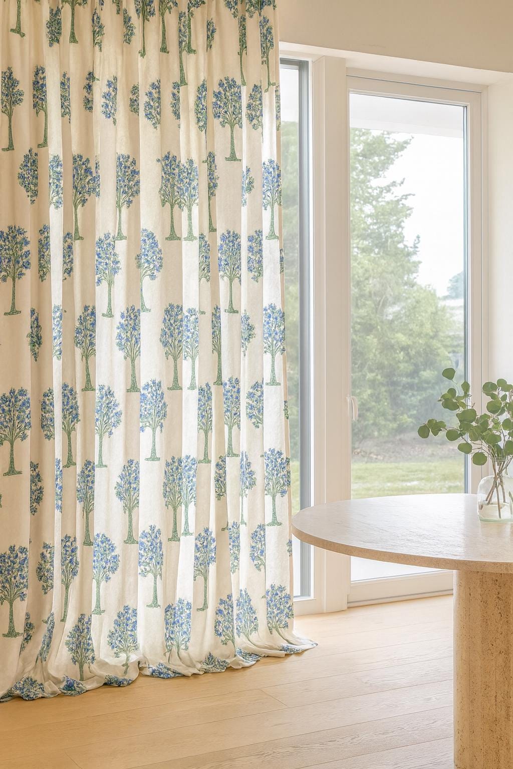 Hand Block Printed Curtains: Organic Cotton, Blue Floral Tree (Custom Fit) — image 1