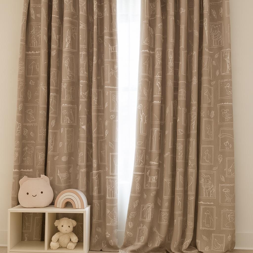 Taupe Linen Kids Curtains, Whimsical Animal Sketches (Blackout or Cotton Liner) — image 3