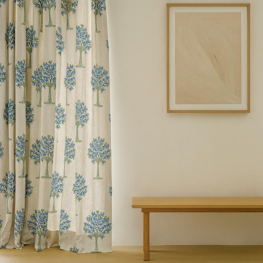 Hand Block Printed Curtains: Organic Cotton, Blue Floral Tree (Custom Fit) — image 4