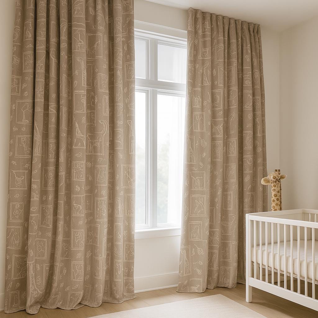 Taupe Linen Kids Curtains, Whimsical Animal Sketches (Blackout or Cotton Liner) — image 4