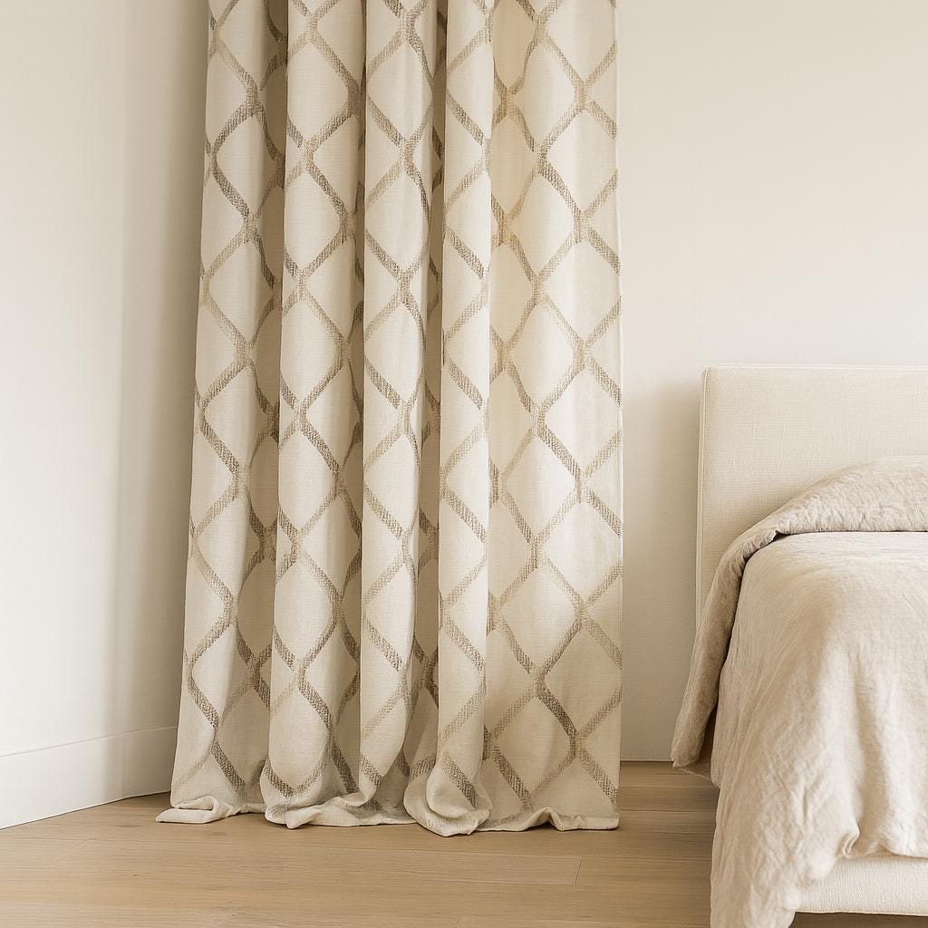Embroidered Linen Curtains - Ivory and Taupe Diamond Pattern — image 4
