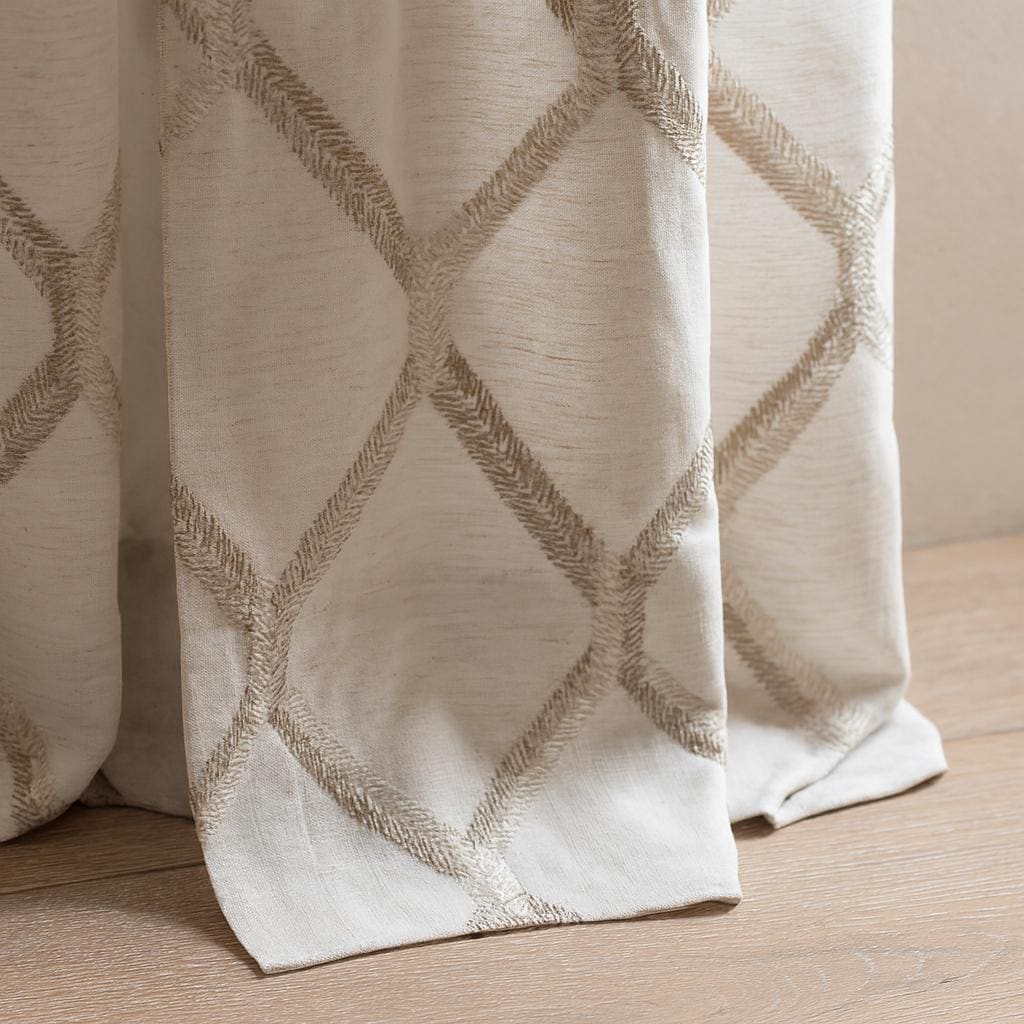 Embroidered Linen Curtains - Ivory and Taupe Diamond Pattern — image 5