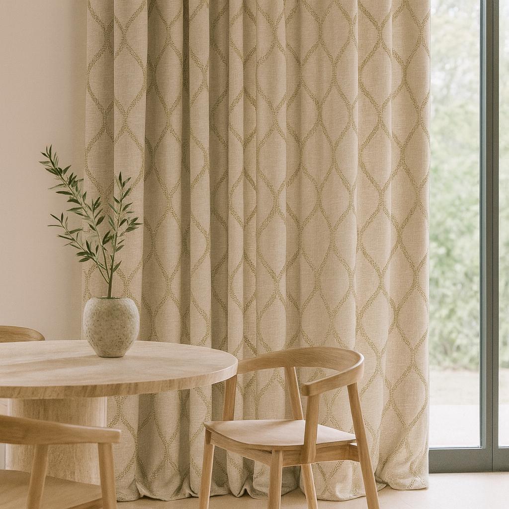 Organic Linen Curtains: Beige Flax Lattice Embroidery, Blackout Liner — image 7