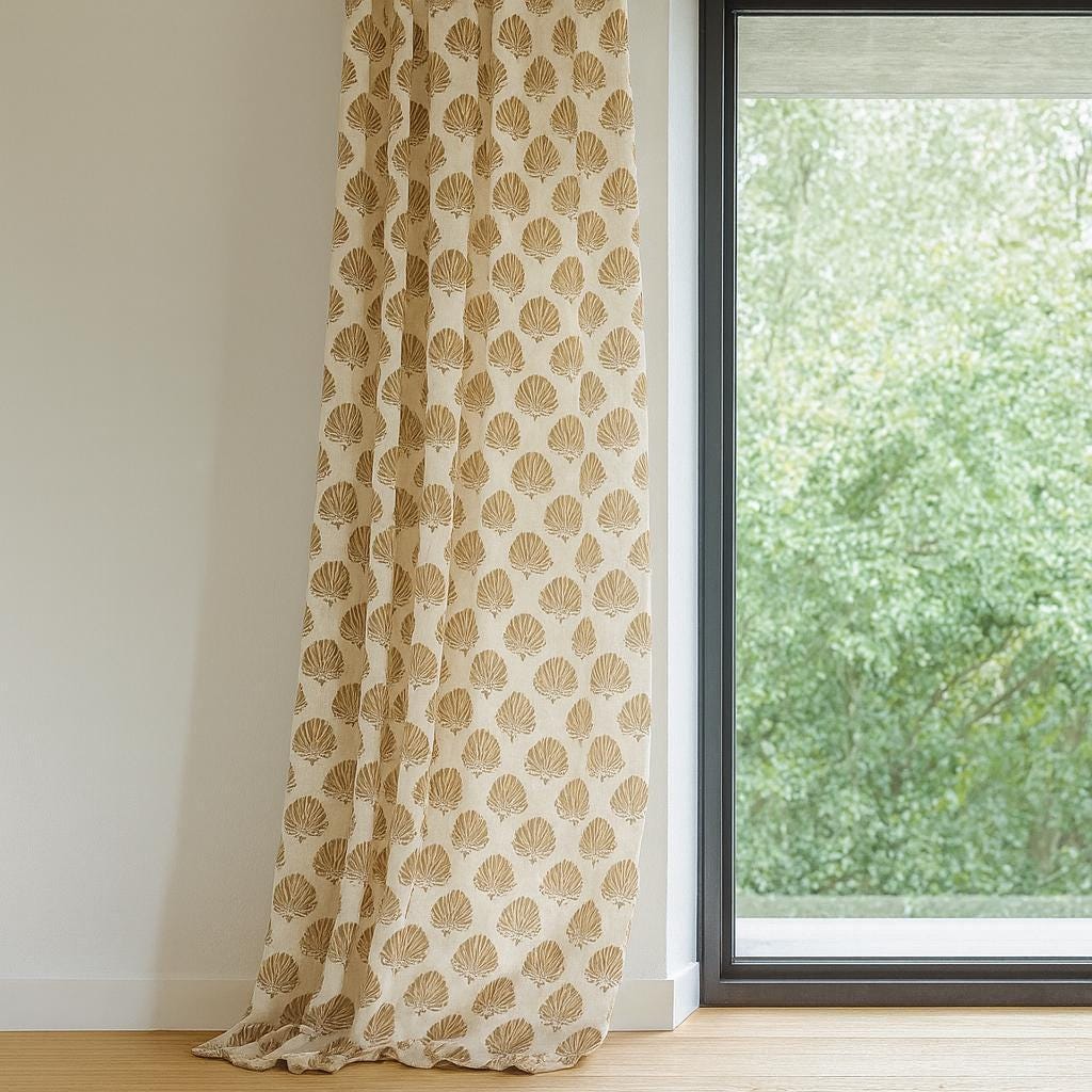 Coastal Organic Cotton Curtains, Ivory & Tan Seashell Print (Custom Sizes) — image 7