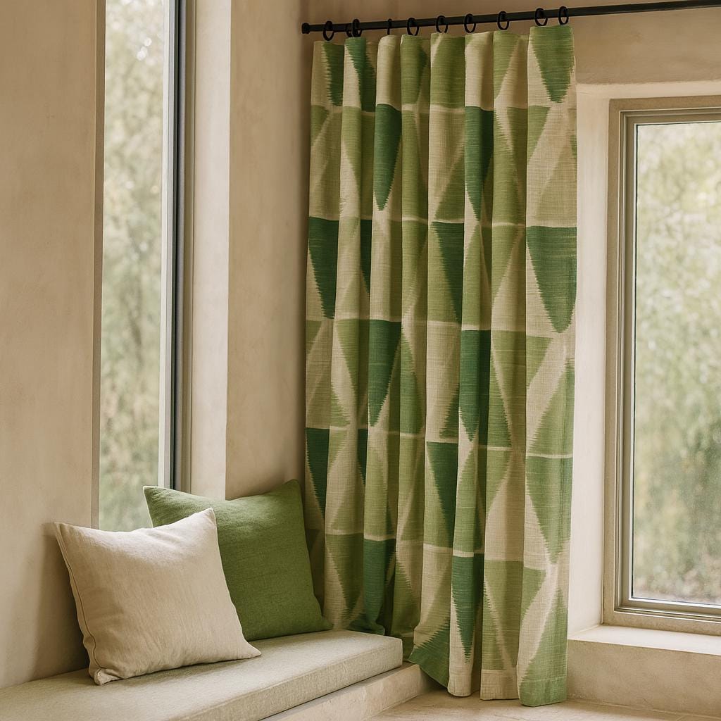 Geometric Green Linen Curtains - Custom Lengths, Light or Blackout Liner — image 1