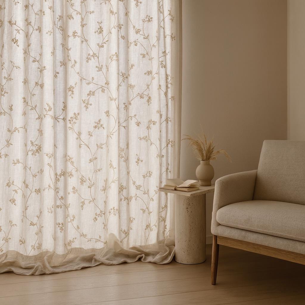 Sheer Linen Curtains: Flax Floral Embroidery (Hooks, Grommet, Rod Pocket) — image 4