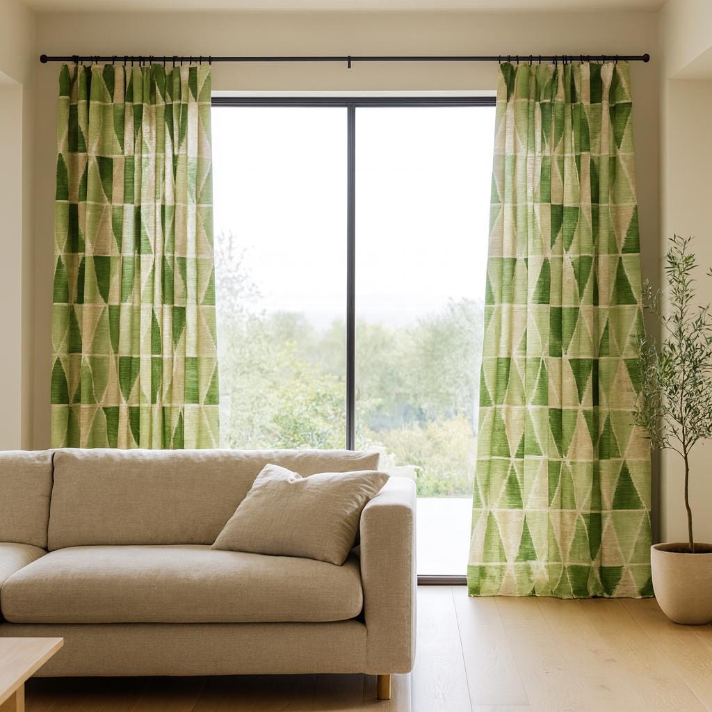 Geometric Green Linen Curtains - Custom Lengths, Light or Blackout Liner — image 5