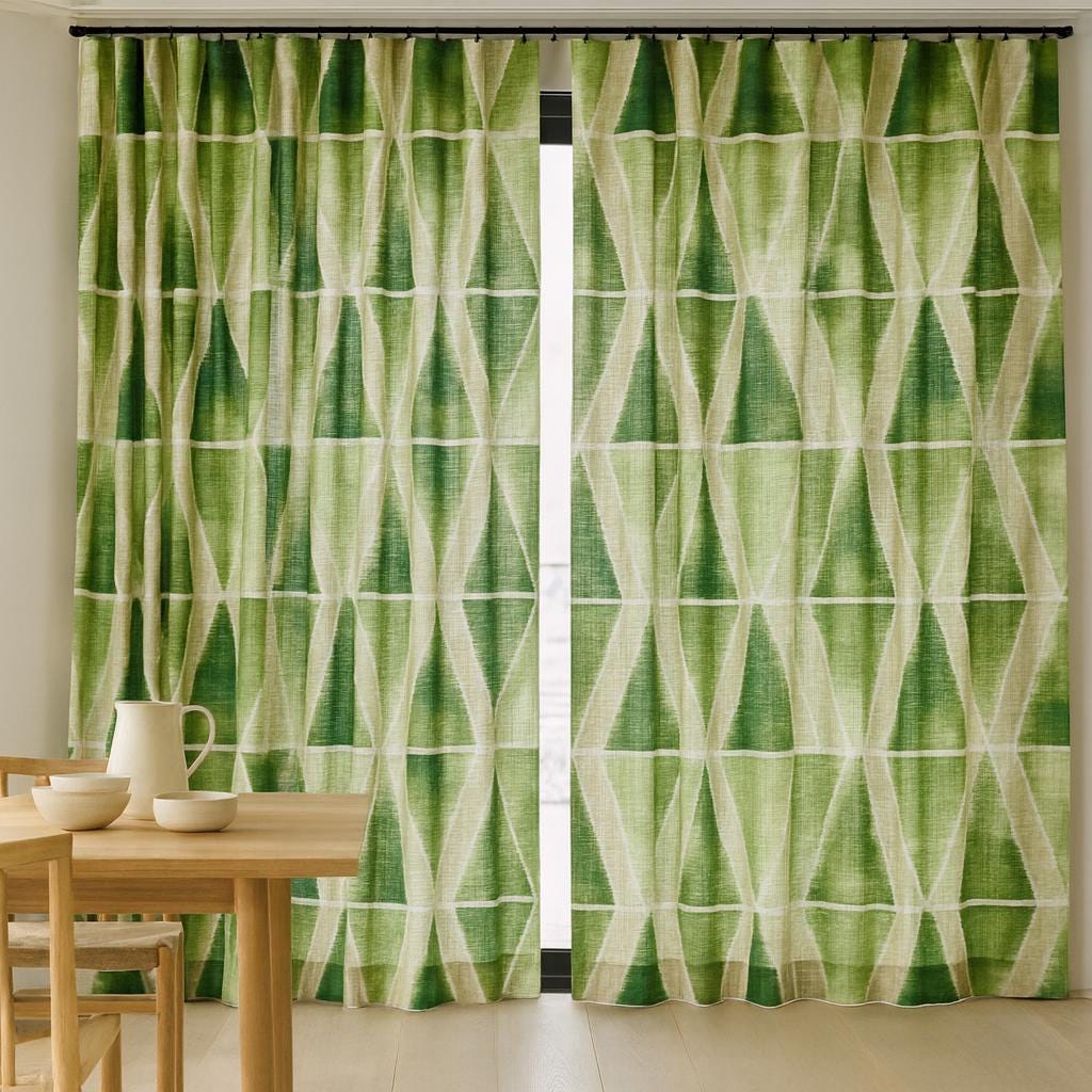 Geometric Green Linen Curtains - Custom Lengths, Light or Blackout Liner — image 9
