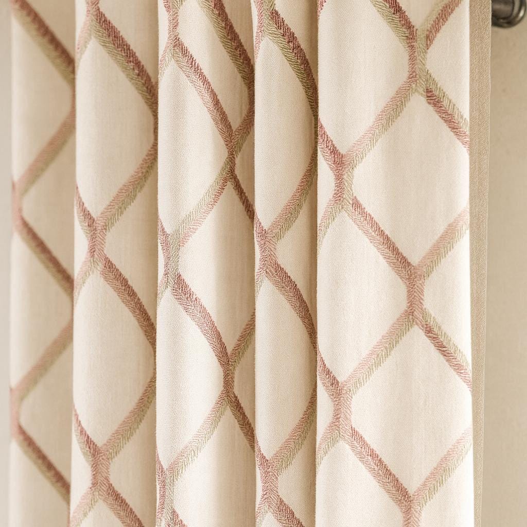 Organic Linen Curtains: Blush-Rose & Taupe Lattice on Soft White — image 1