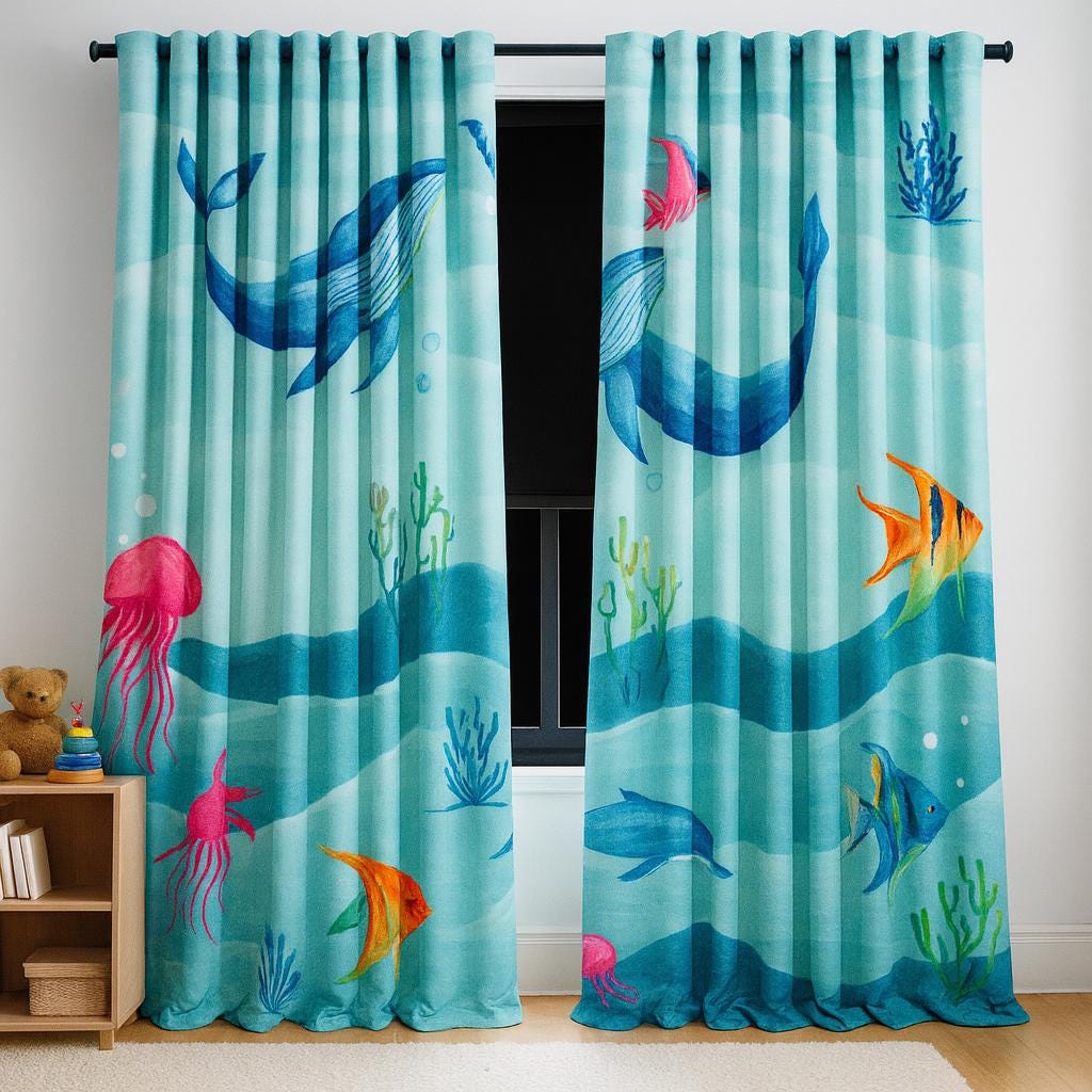Organic Linen Aqua Curtains - Sea Life Print with Whale and Jellyfish — image 6