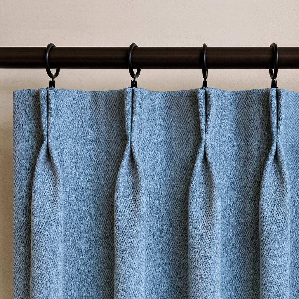 Pinch Pleat Curtains: Blue Herringbone Linen - Custom Size Options — image 1