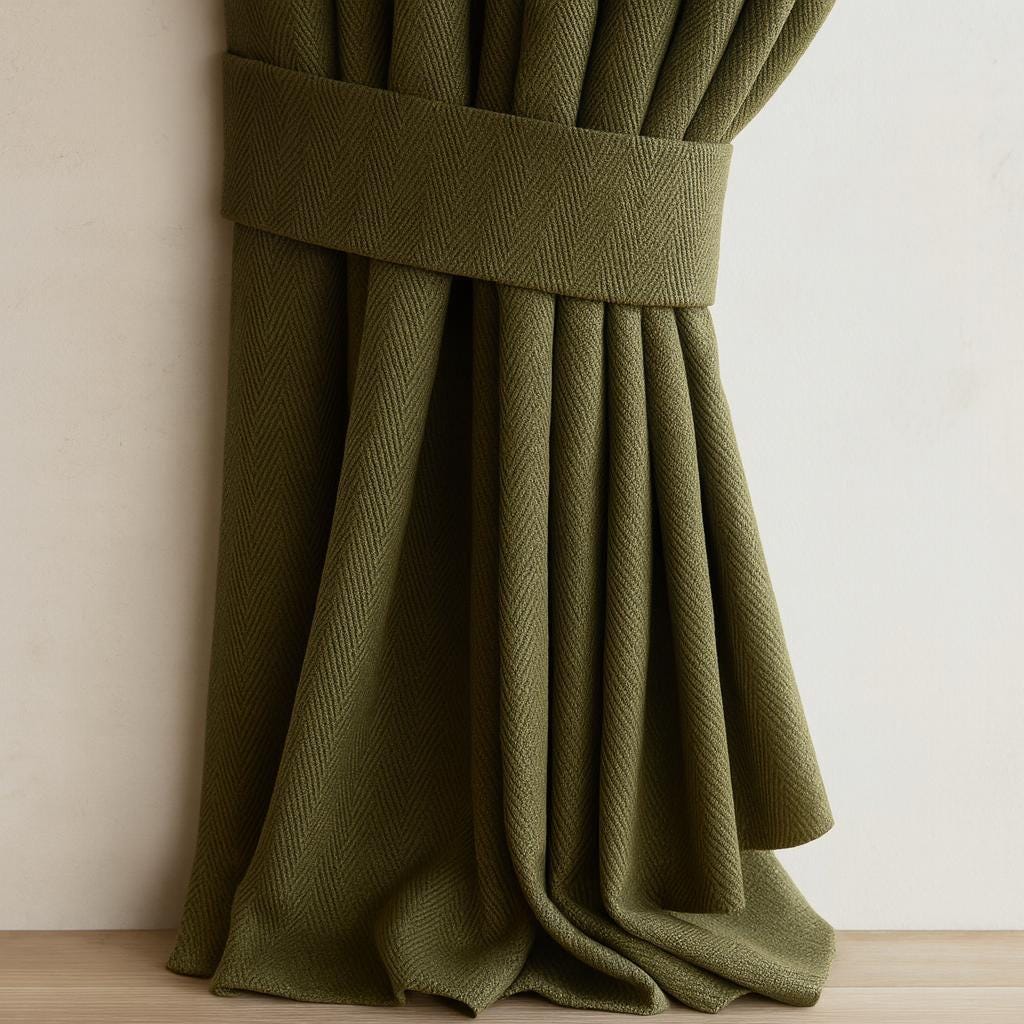 Olive Green Linen Curtains, Herringbone Texture, Pinch Pleat (Custom Width & Length) — image 1