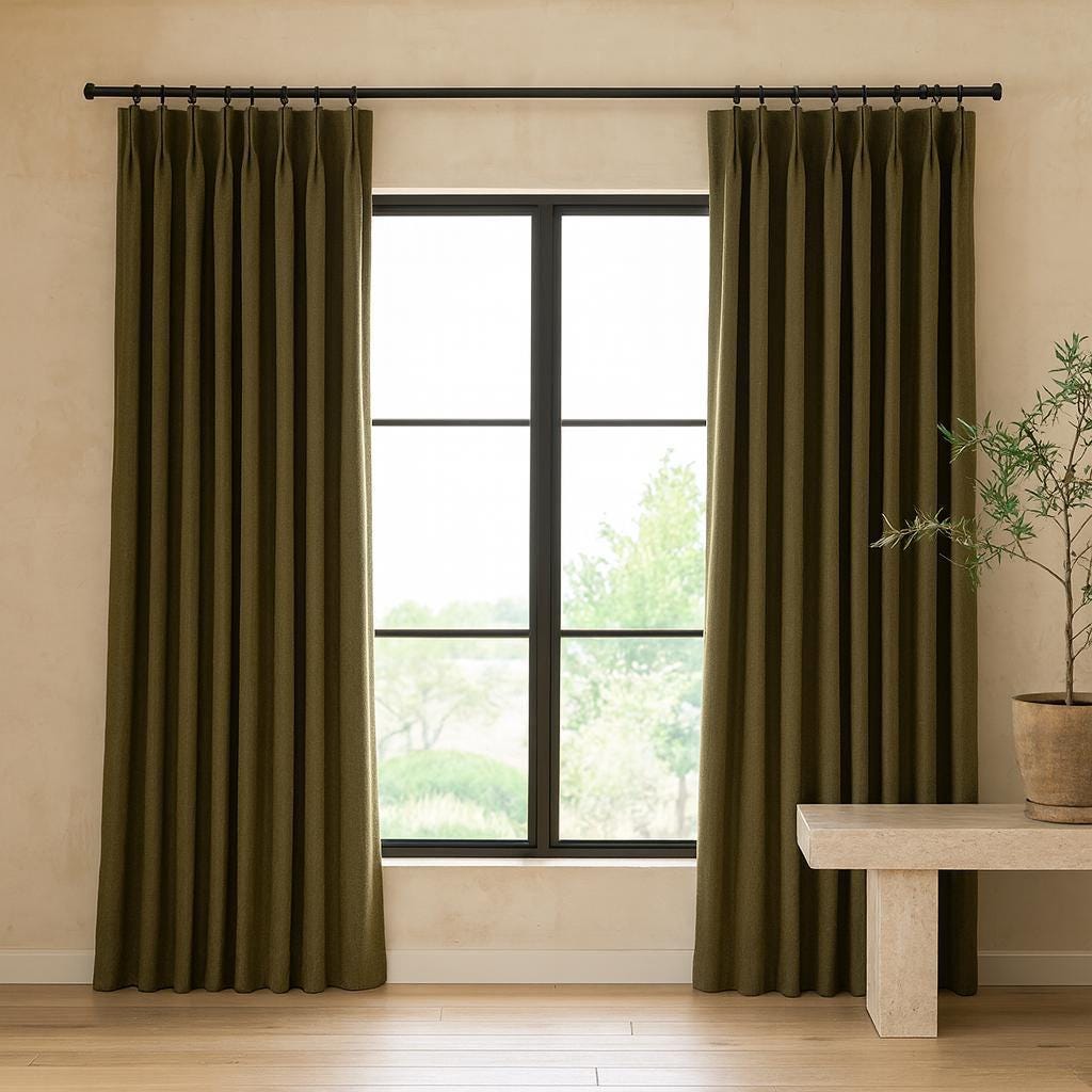Olive Green Linen Curtains, Herringbone Texture, Pinch Pleat (Custom Width & Length) — image 6